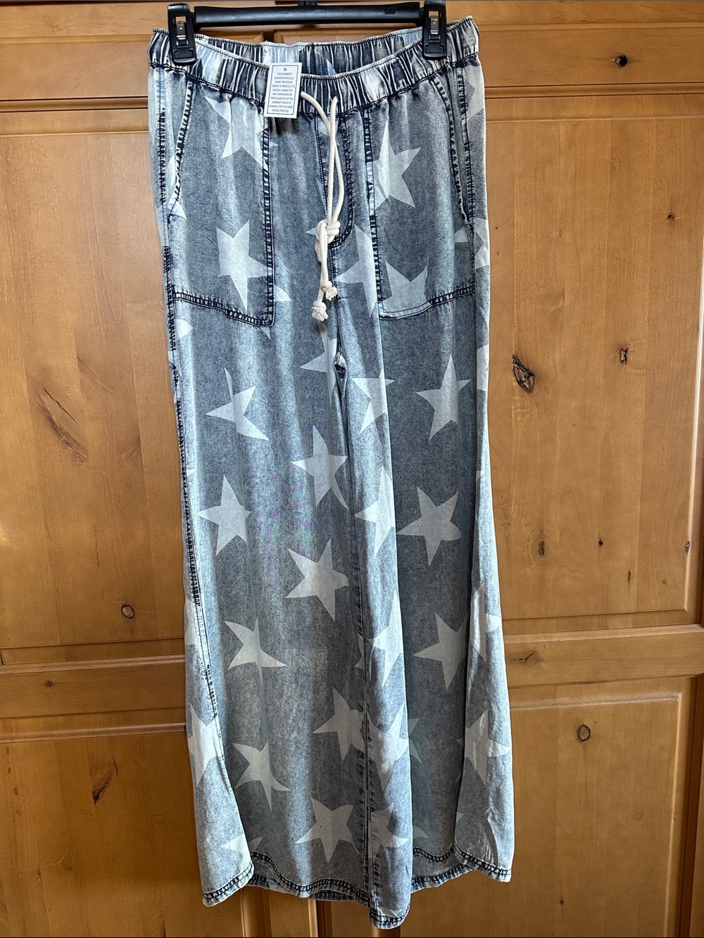 Star Print Wide Leg elastic waist Drawstring Pants - Light Denim Blue size M